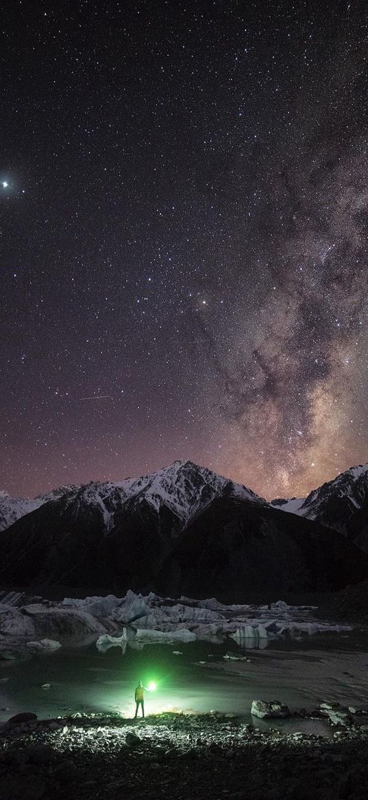 lake, mountain, ice, traveler, starry sky, night