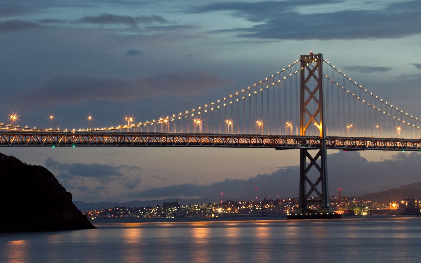 san francisco, city, bay bridge, dusk, lights, sky, hdr