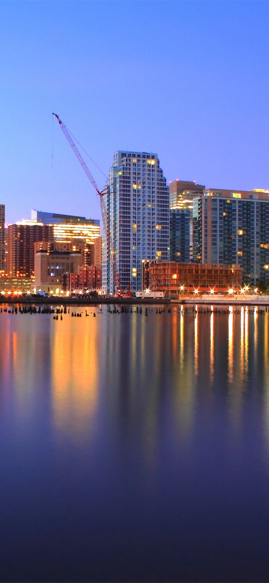 usa, jersey city, new jersey, port, purple, night, pink, sunset, sky, clouds, skyscrapers, lights, river, hudson, reflection, hdr