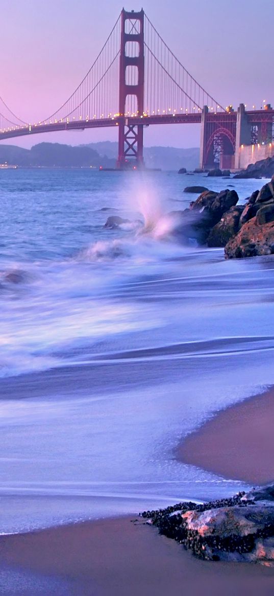 usa, california, san francisco, bridge, golden gate, strait, beach, stones, lavender, evening, landscape