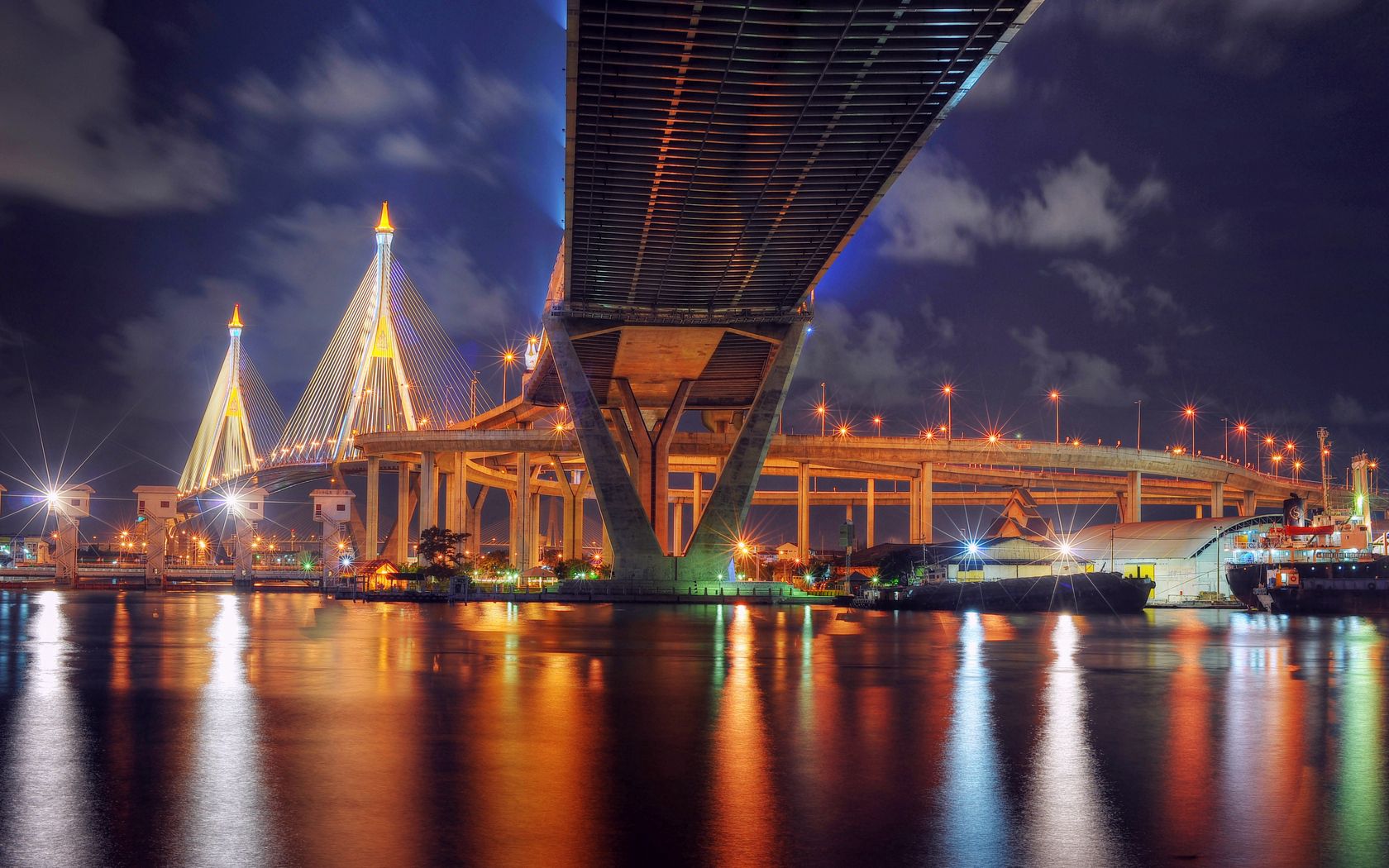 thailand, bangkok, bridge, night, lights, lamps, river, reflection, hdr