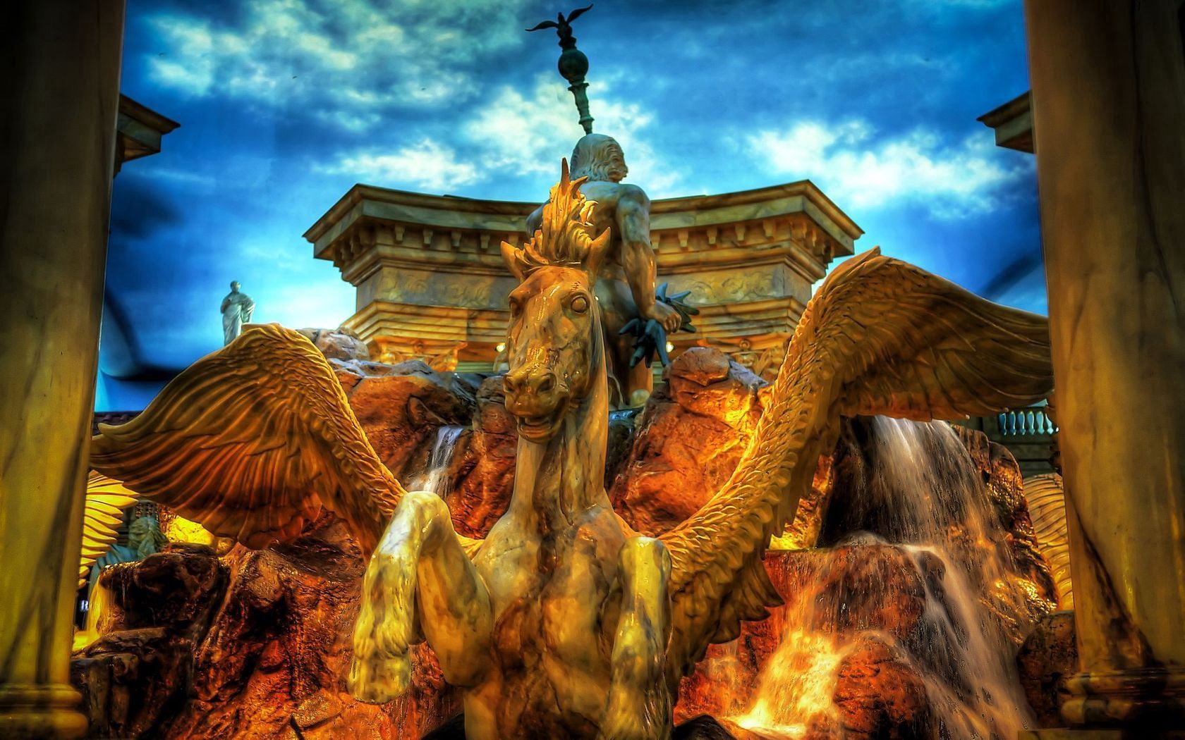 fountain, pegasus, city, hdr