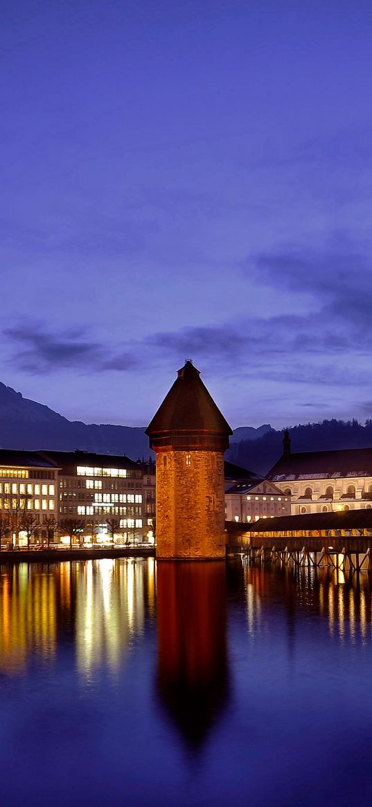 switzerland, lucerne, night, dusk, blue, sky, buildings, temples, lighting, lights, mountains, bridges, embankments, river, water, surface, reflection