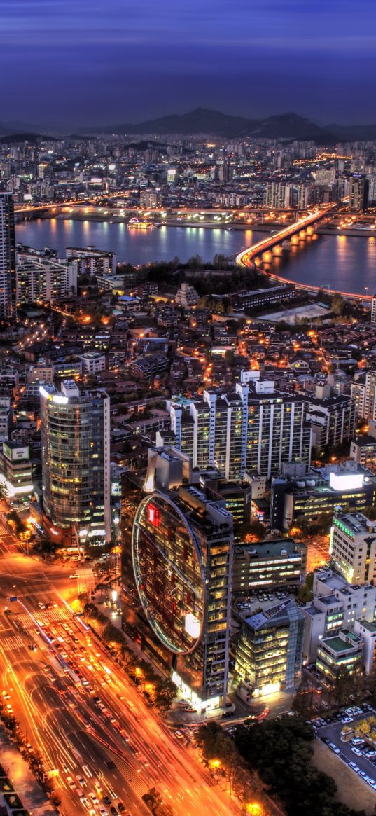 south korea, seoul, capital city, evening, skyscrapers, lights, blue, sky, hdr