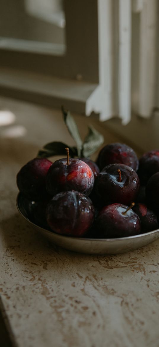 plums, fruit, food, window