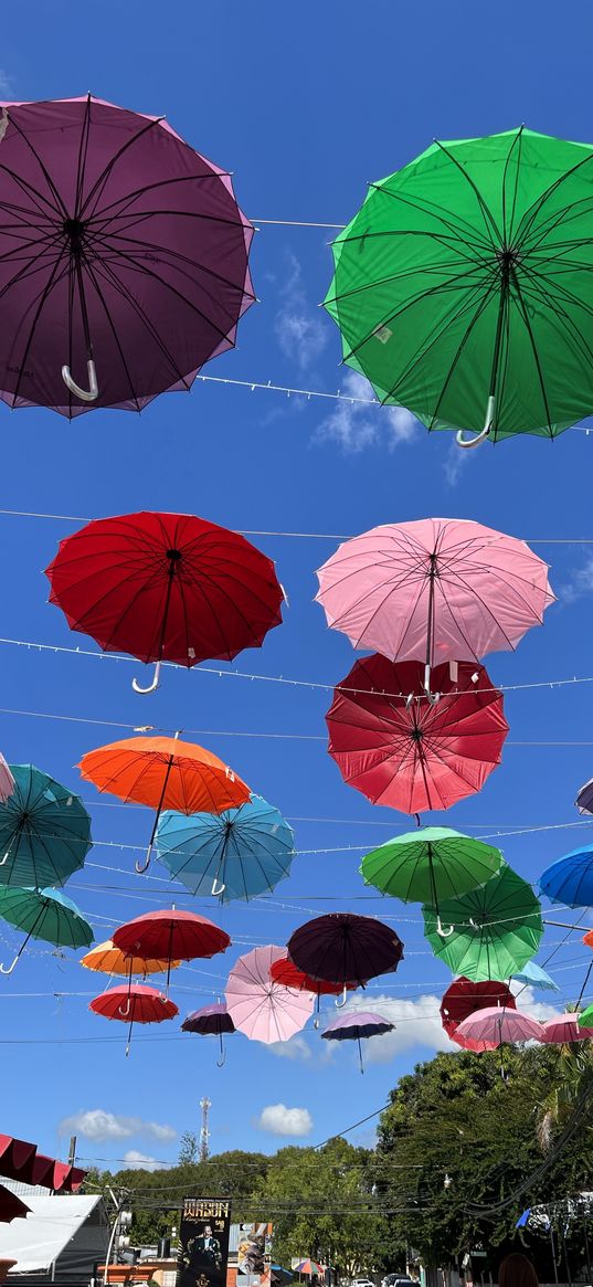 umbrellas, colored, city, sky, bright