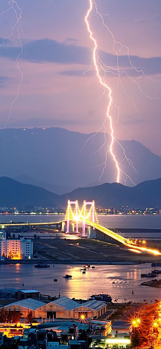 city, night, lights, mountains, lightning