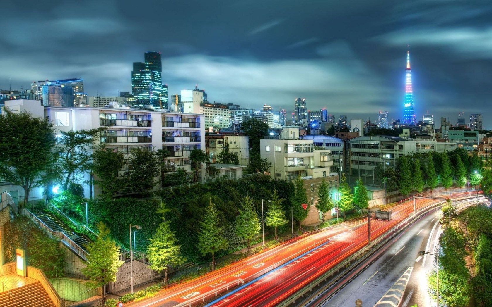 city, china, buildings, skyscrapers, trees, road, hdr