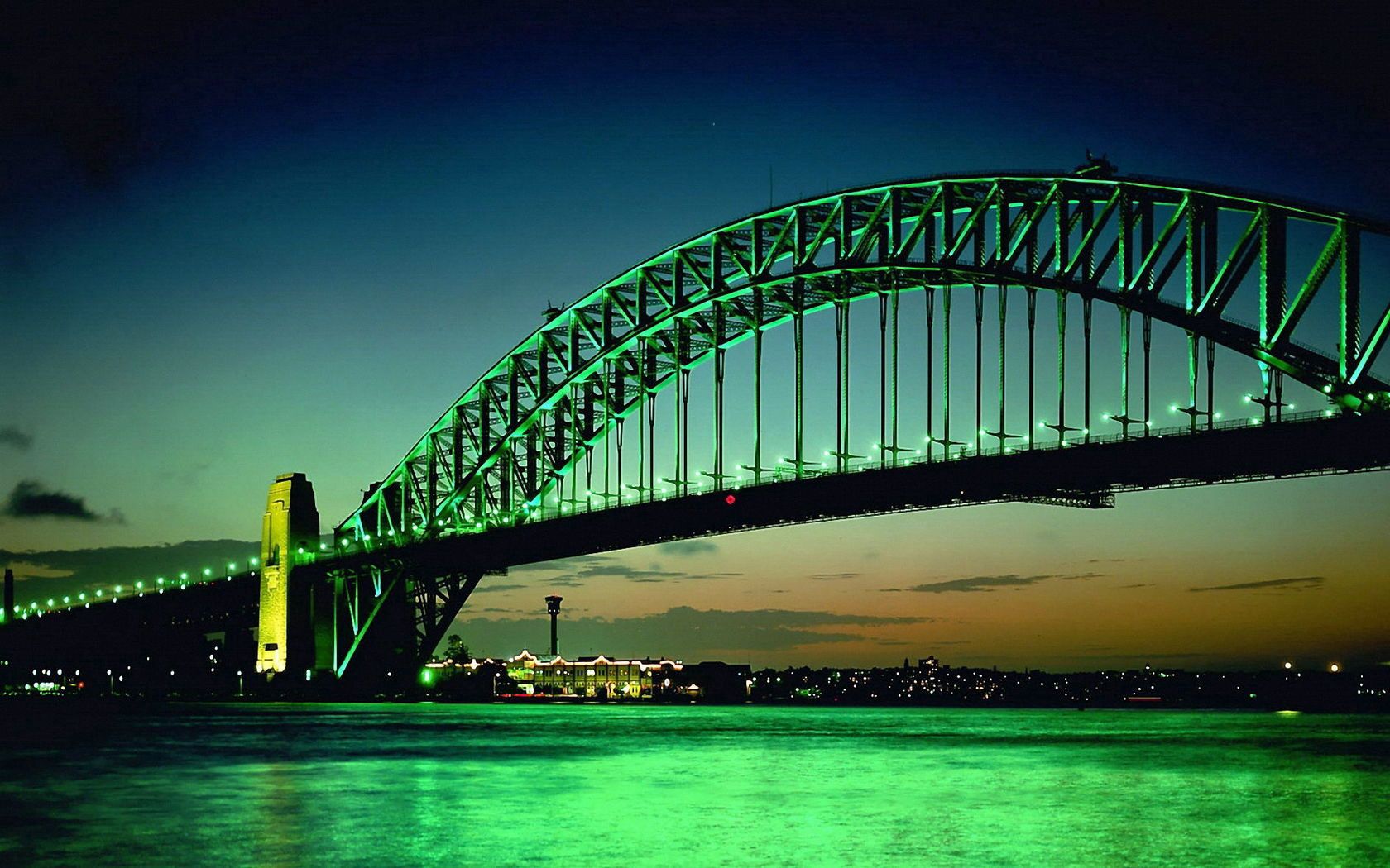 city, bridge, big, green, background, bow, lights, water, night, building, horizon, sky, clouds, orange