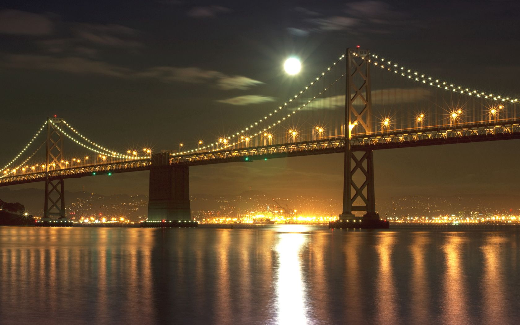 san francisco, bridges, golden gate, night, sky, moon, sea, light, track, lights