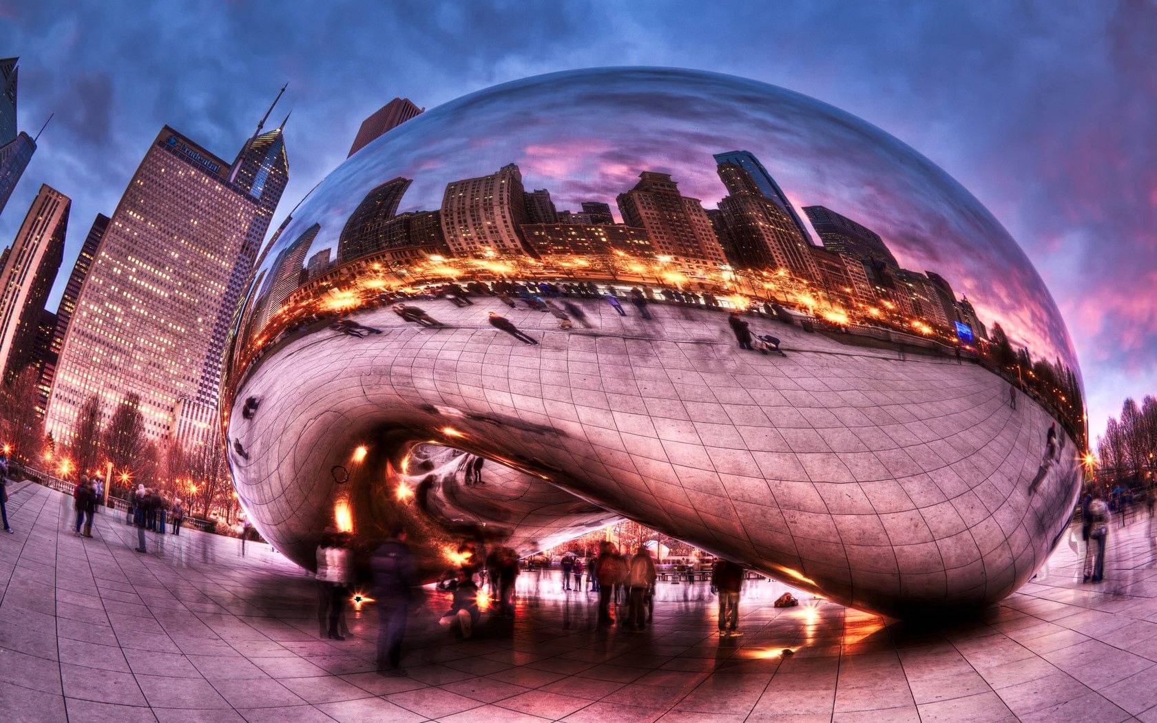 chicago, millennium park, people, clouds, fisheye