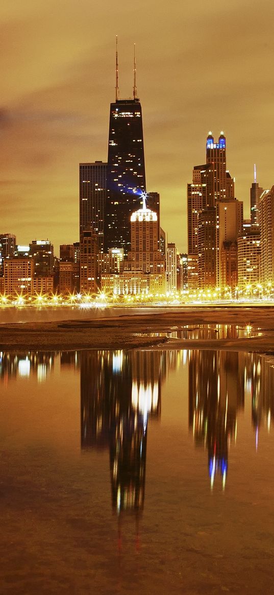 city, chicago, night, lights, lake