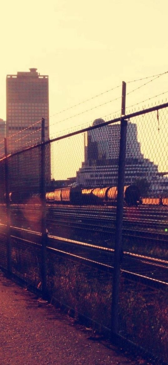 sunset, railroad, city