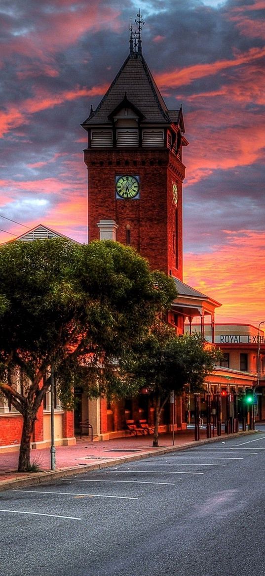 sunset, street, tower, colorful