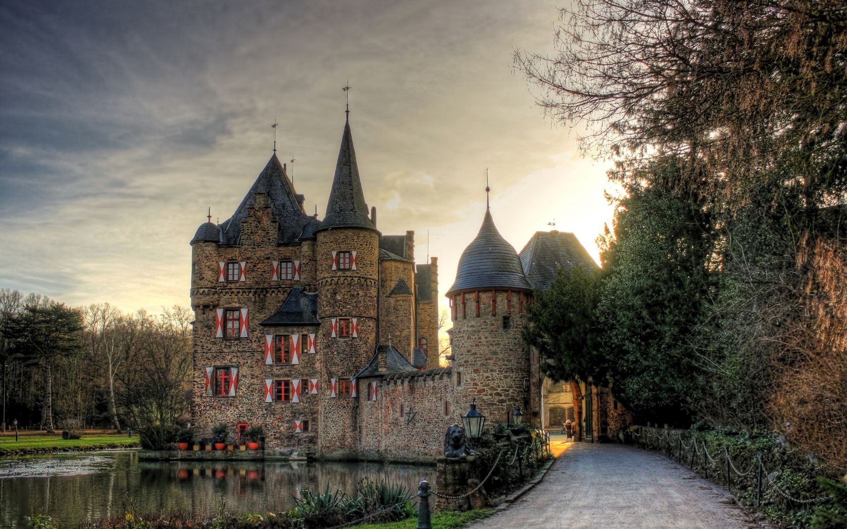 castle, lake, tower, trees, nature