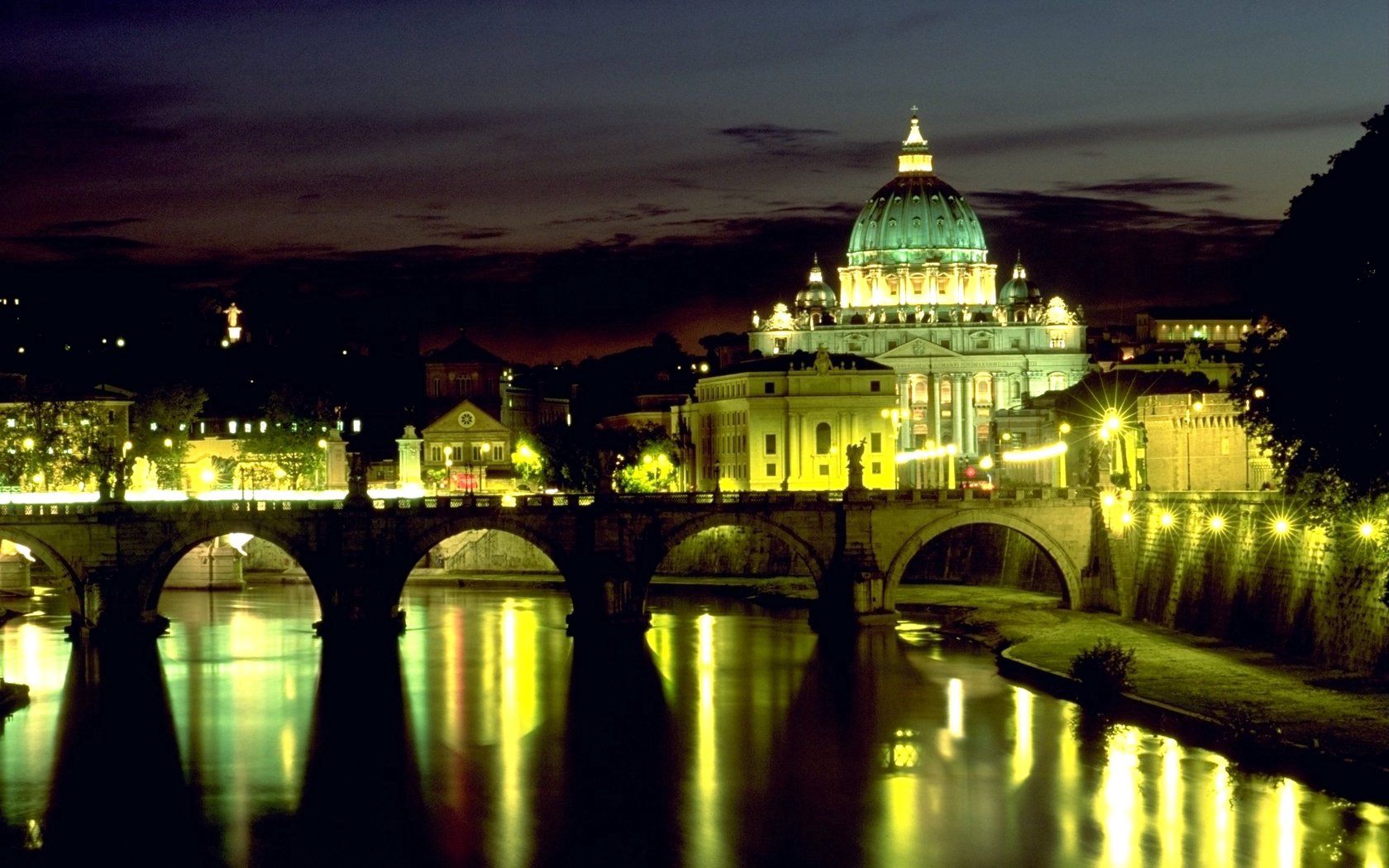 italy, rome, basilica, bridge angel, st peters square, night, lights, reflection, vatican