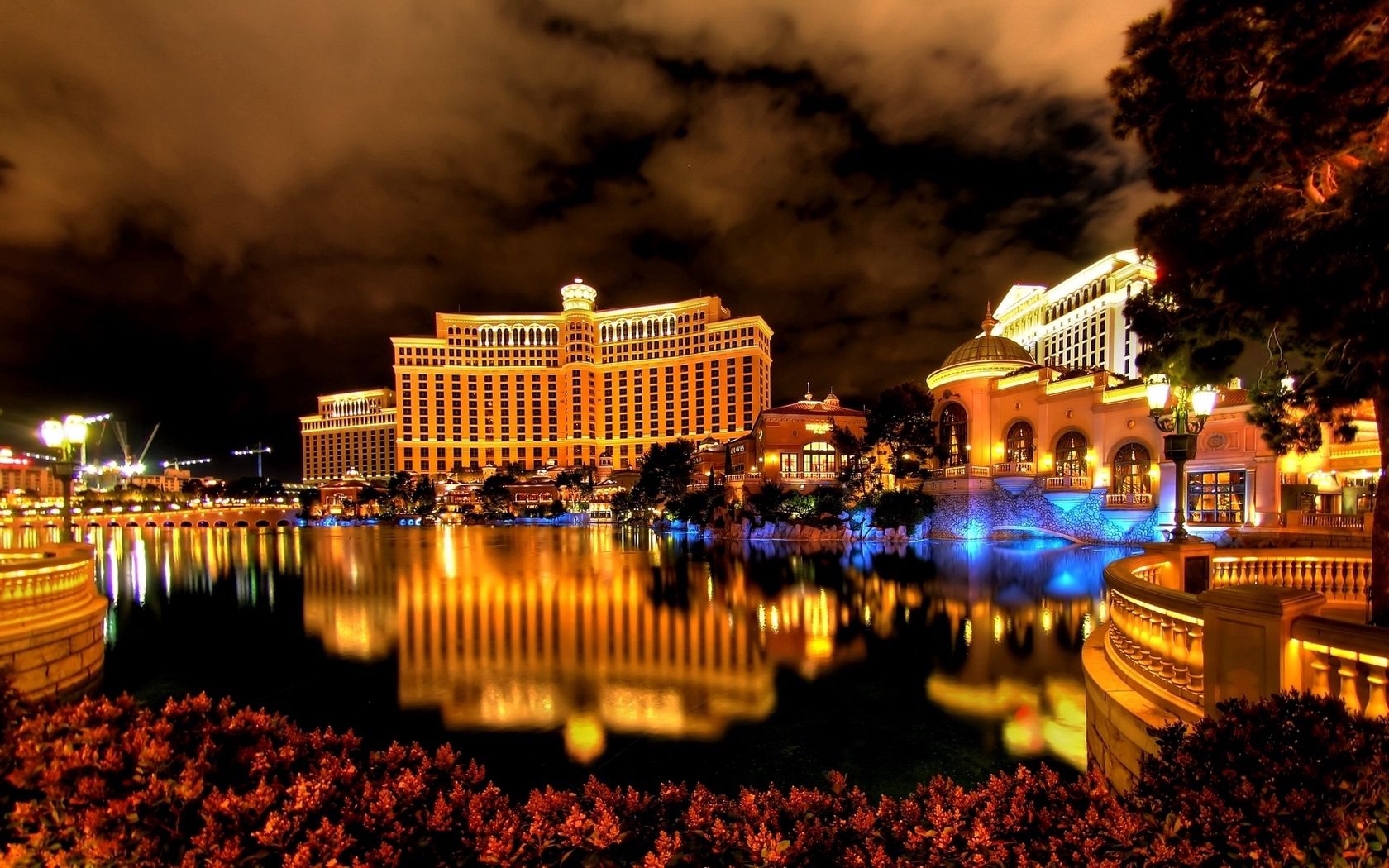 las vegas, night, hotel, building, reflection, fountain