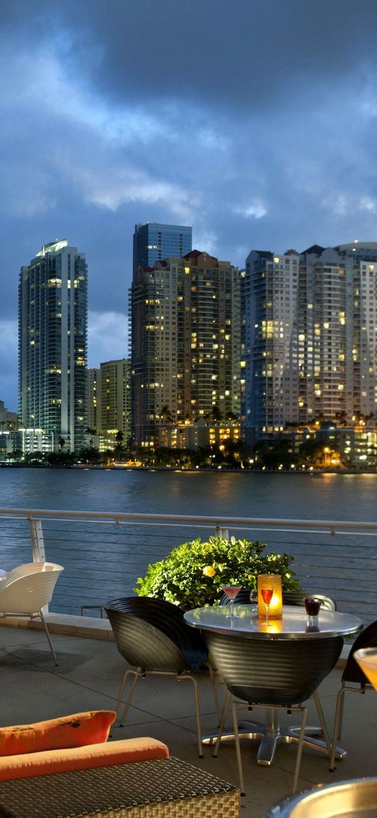 miami, florida, usa, city, ocean, bay, coffee, palm trees, tables