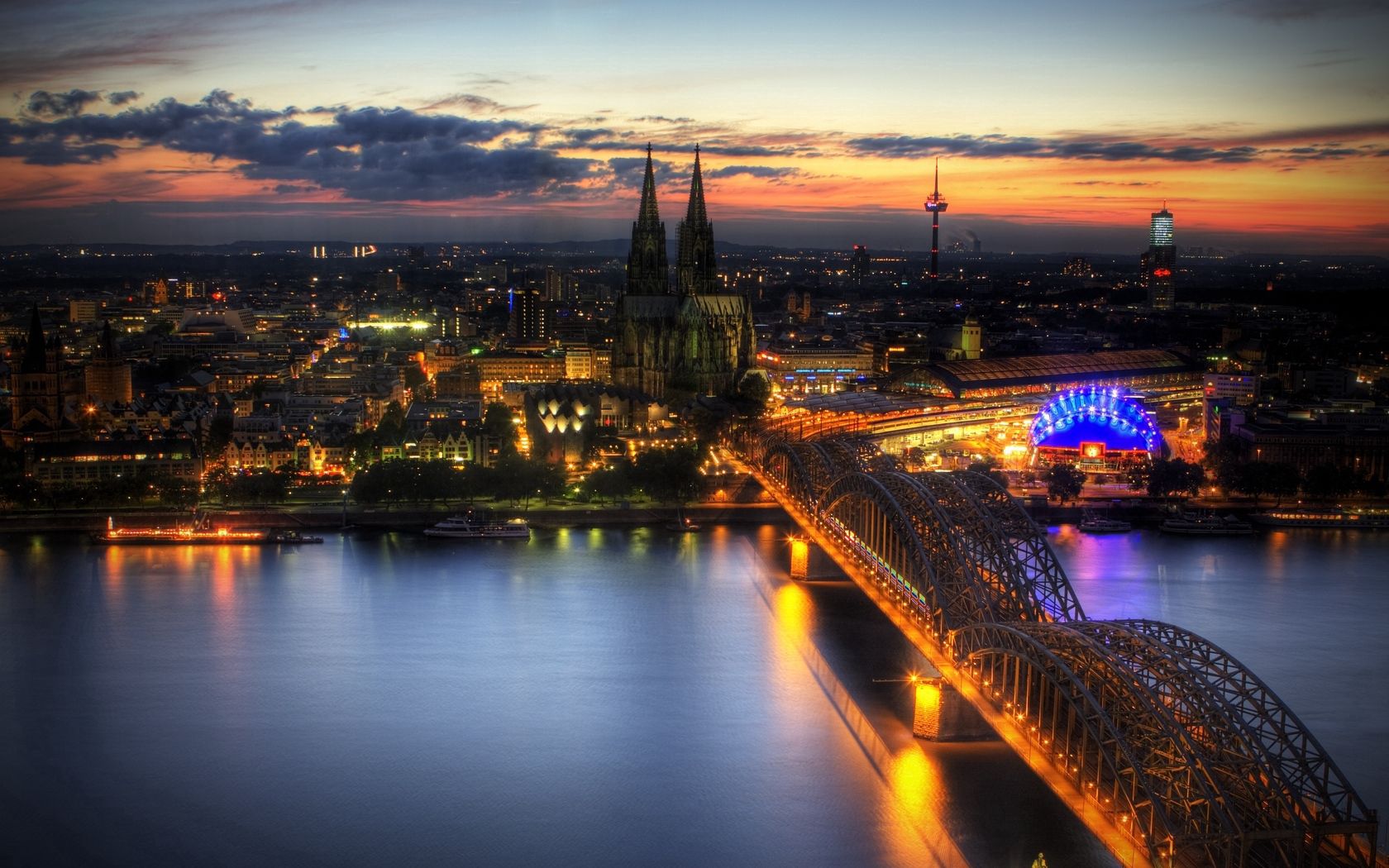 bridge, lights, night, cologne, river, building