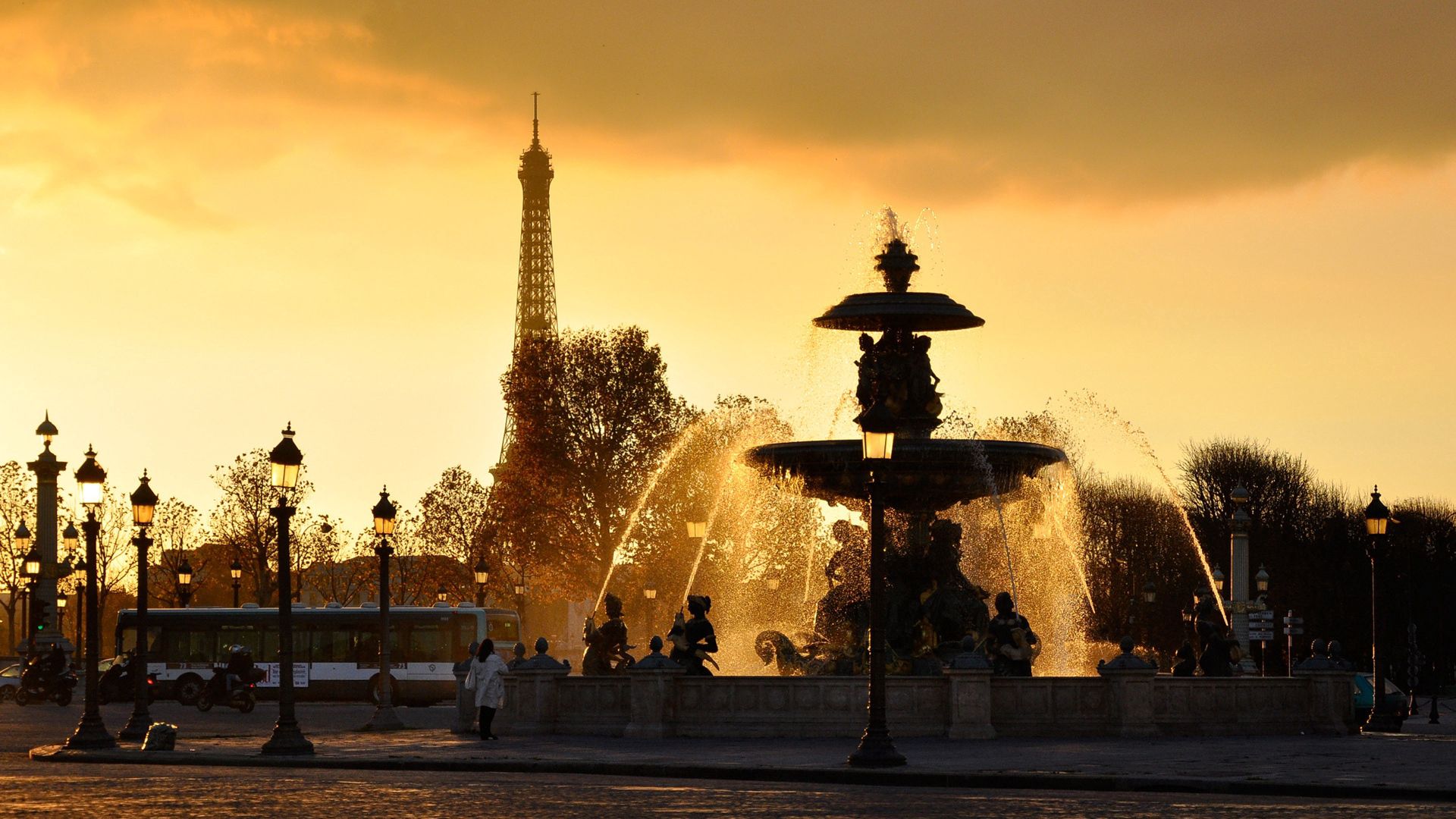 paris, france, fountains, lights, jets, water, drops, sprays, eiffel tower, sky, sunset