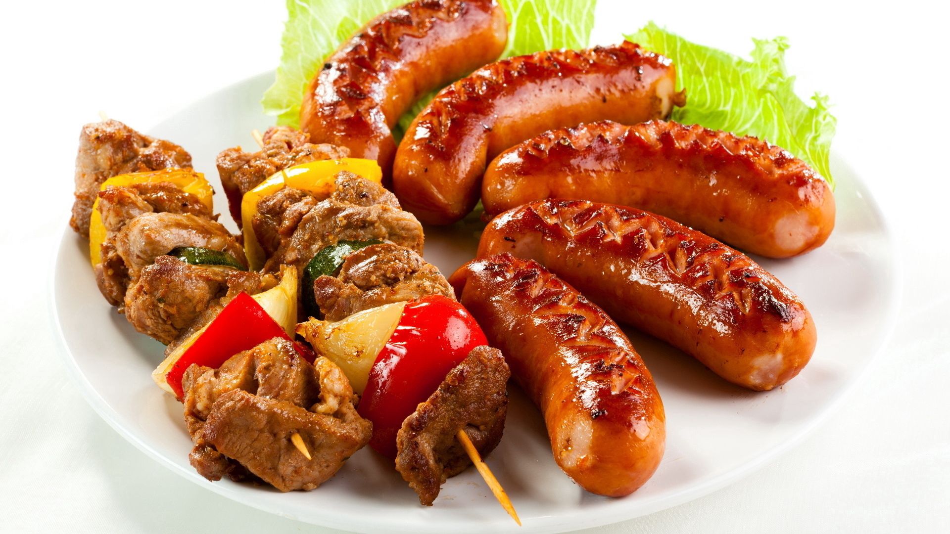 shish kebab, sausages, fried, meat, greens, vegetables