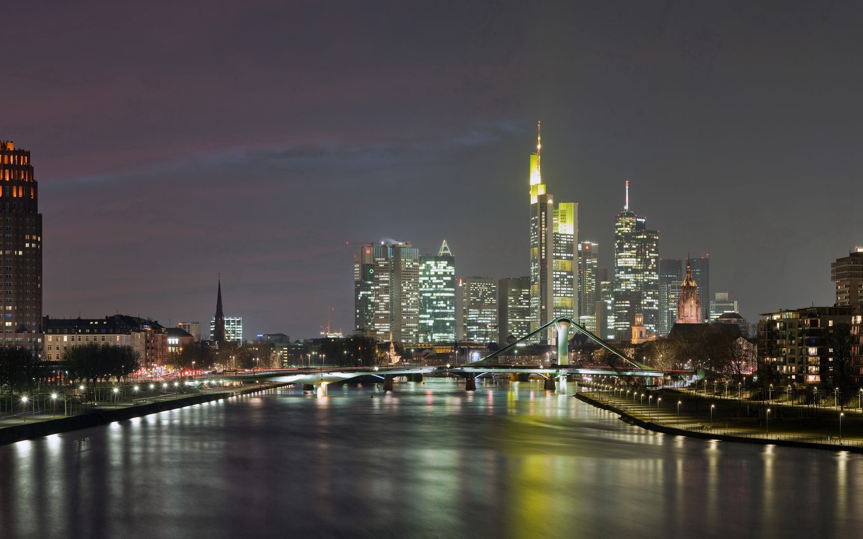 frankfurt am main, hessen, germany, bridge, building, evening