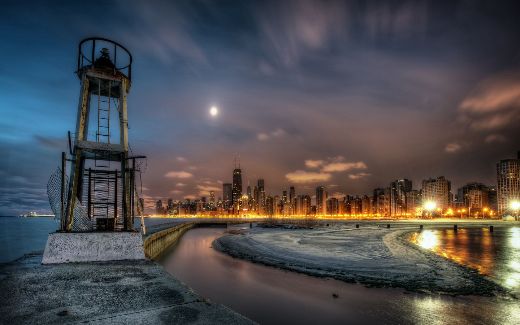 chicago, illinois, lighthouse, buildings, beach, hdr