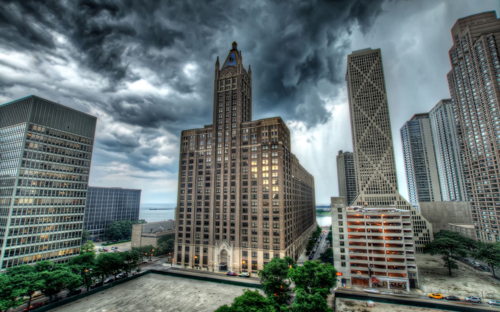 chicago, illinois, skyscrapers, buildings, street, hdr