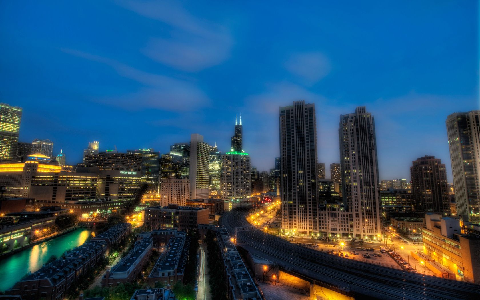 chicago, illinois, night, skyscrapers, city lights, hdr