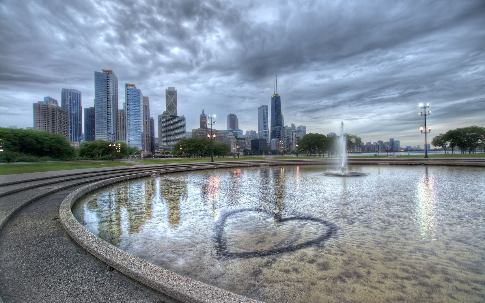 chicago, illinois, fountain, building, hdr