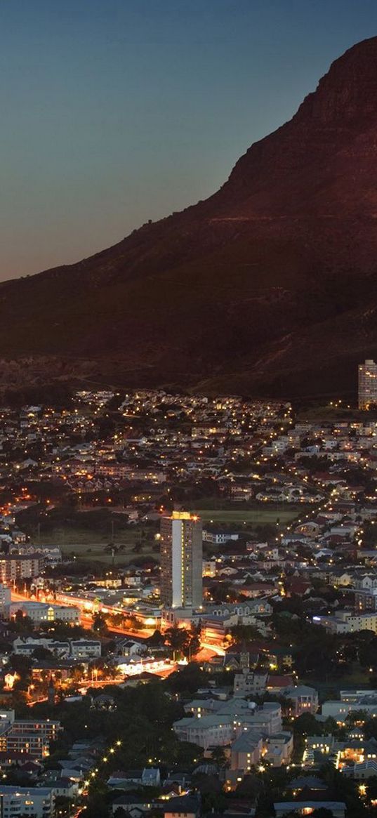 south africa, cape town, metropolis, skyscrapers, houses, light, lights, dusk, sky, moon, mountain, view, elevation