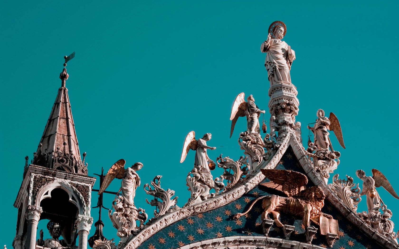 venice, statues, roof, architecture, angels, heaven