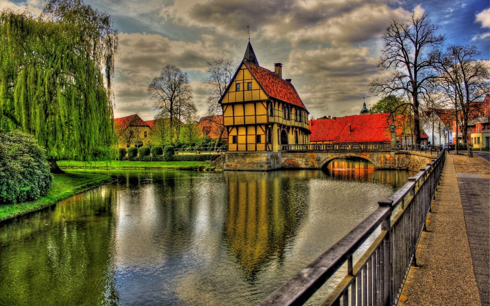 germany, architecture, beauty, bridge, clouds, colorful, colors, grass, green, home, house, reflection, river, road, sky, town, trees, view, water, hdr