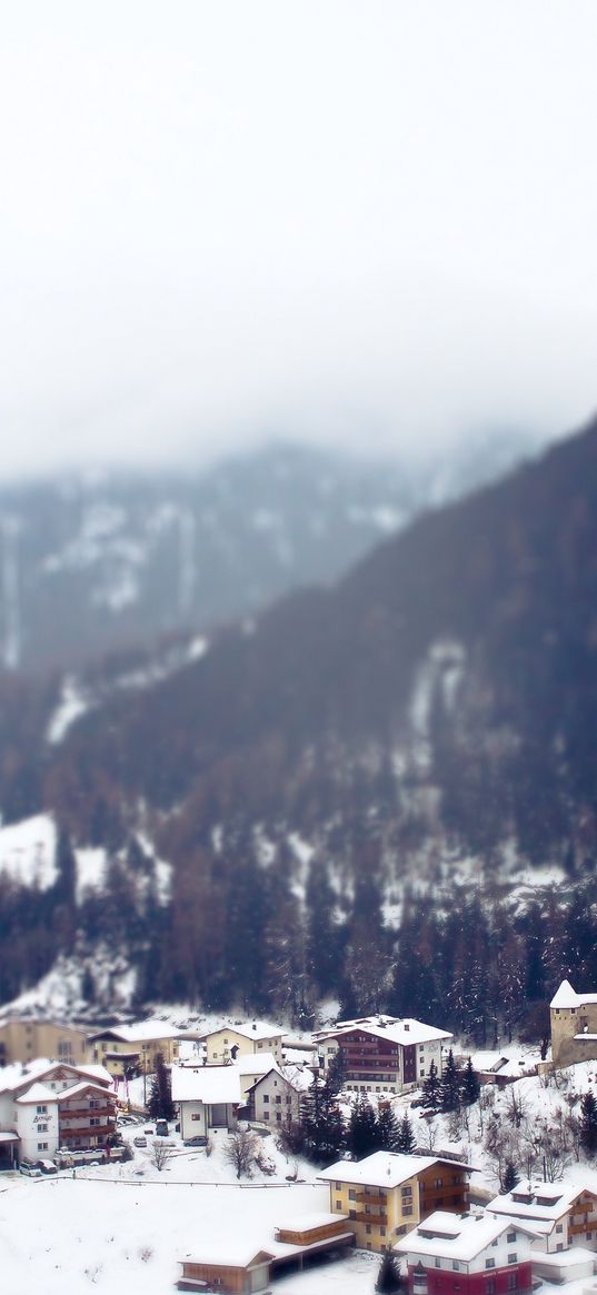 city, resort, mountains, alps, snow, winter, tilt-shift