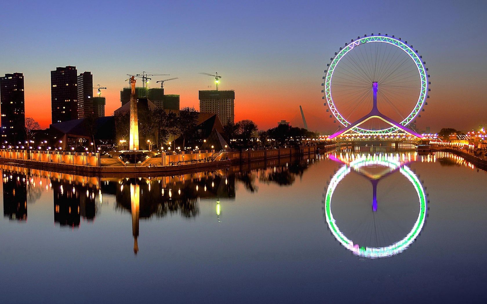 city, night, lights, wheel, house, river, reflection