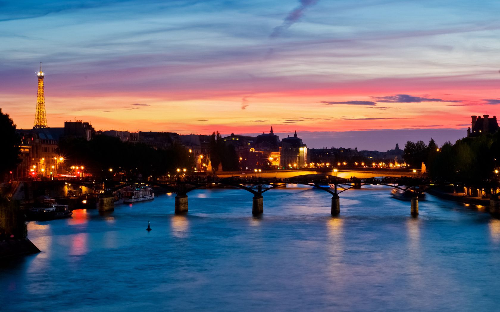 city, france, paris, sunset, river, evening