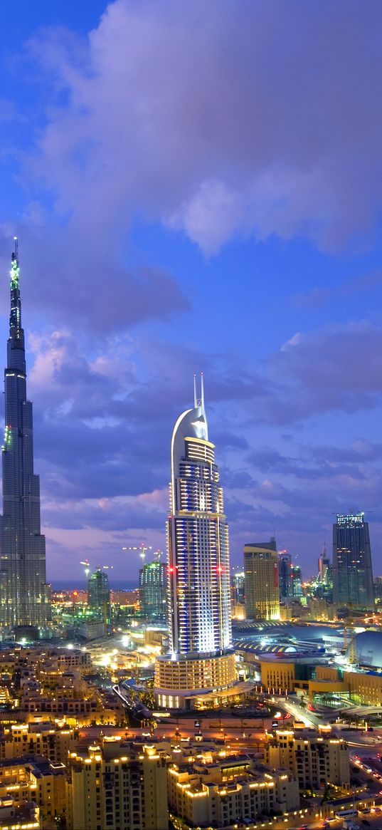 dubai, building, view from the top, view, city lights