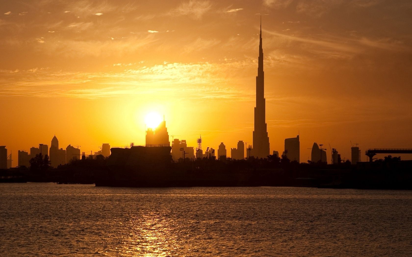 dubai, skyscrapers, towers, houses, burj khalifa, sunset, water