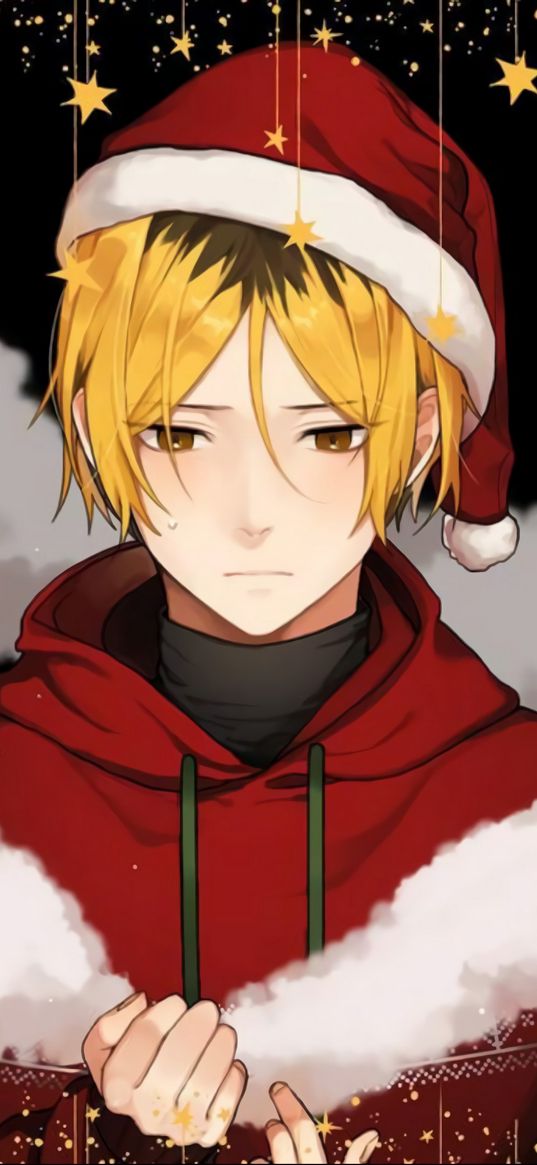 guy, blonde, sad, hat, hoodie, clouds, stars, new year, christmas, holiday, anime, art