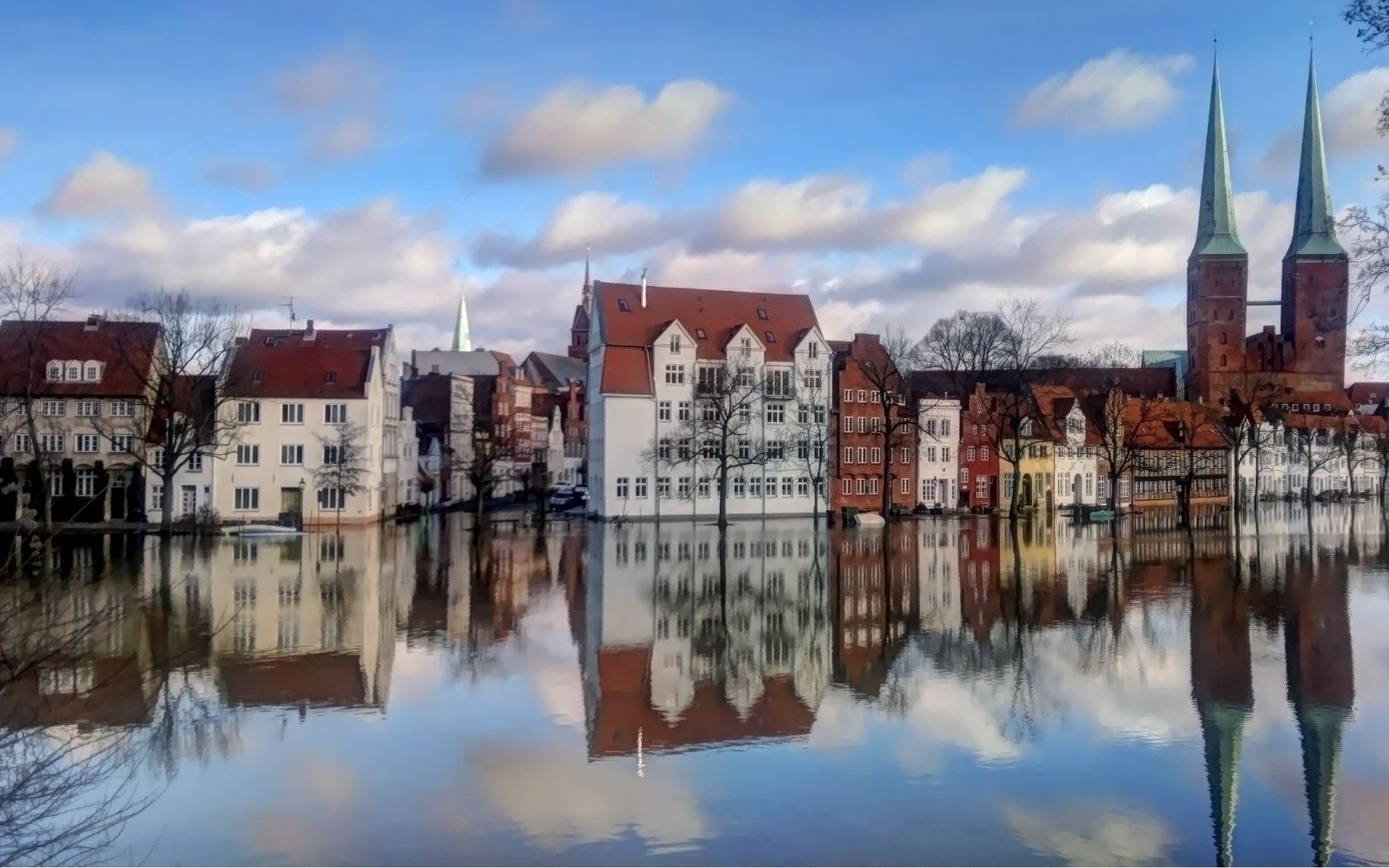 europe, buildings, trees, water, reflection, sky, clouds