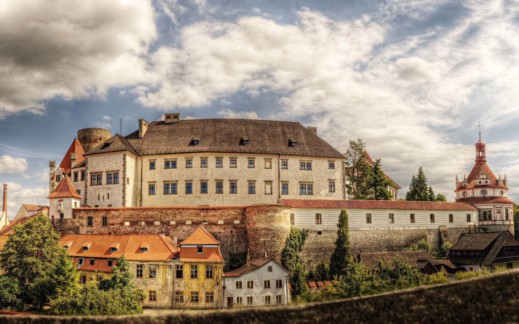 castle, buildings, trees