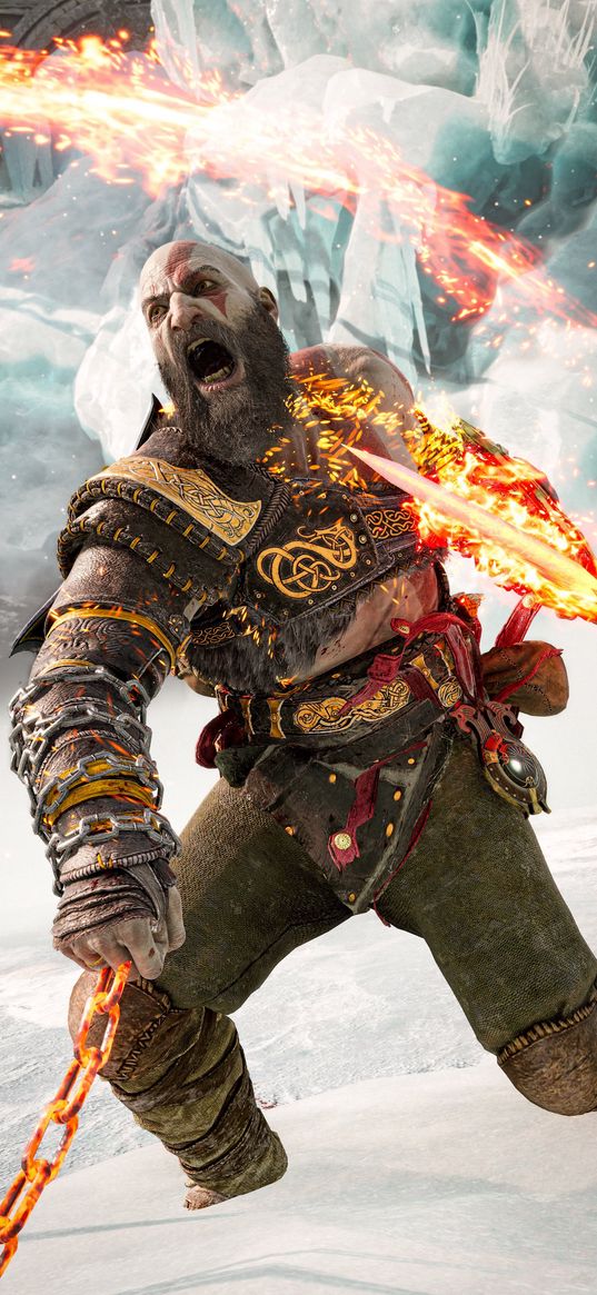 kratos, god of war, game, warrior, man, scream, sword, chain, fire, ice, snow, winter, art