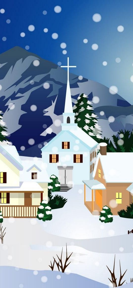 home, full moon, church, snow, night, winter
