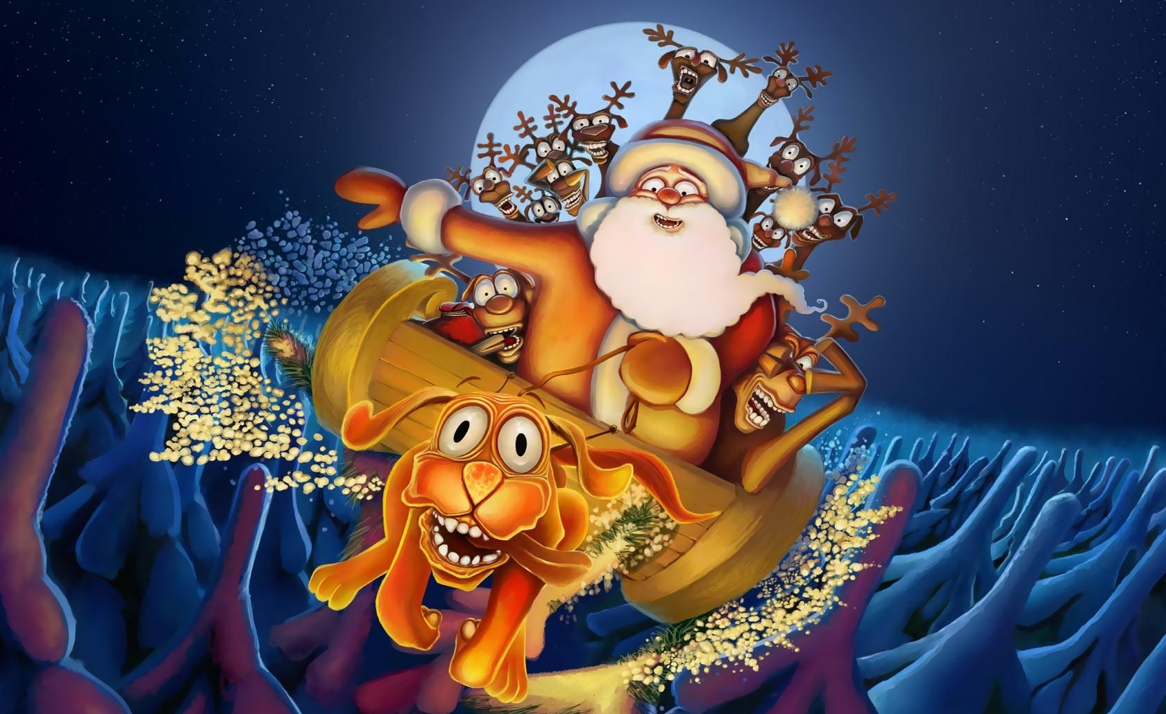 dog, deer, santa claus, flying, trees, moon, night, christmas