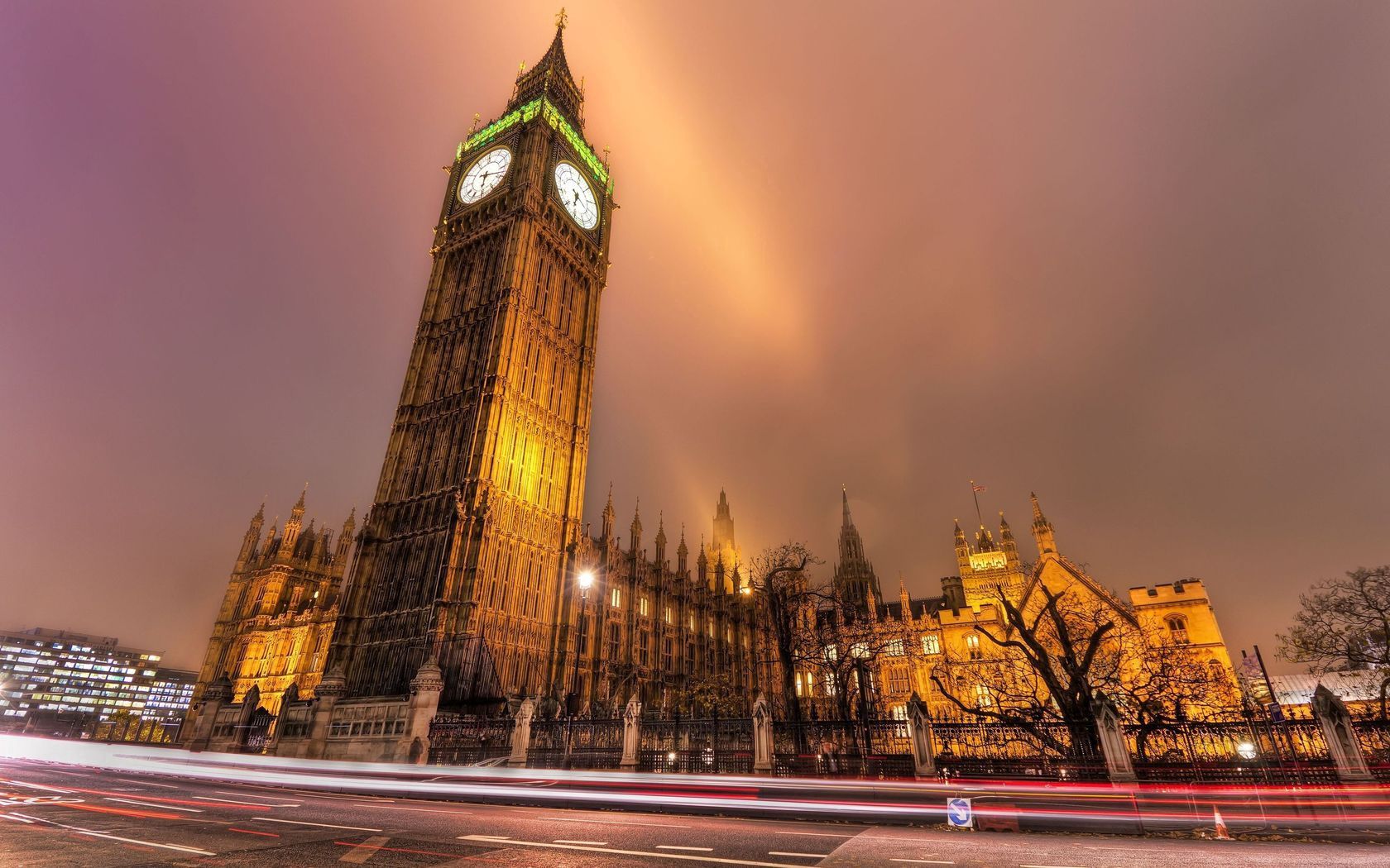 london, city lights, buildings, night, street, road