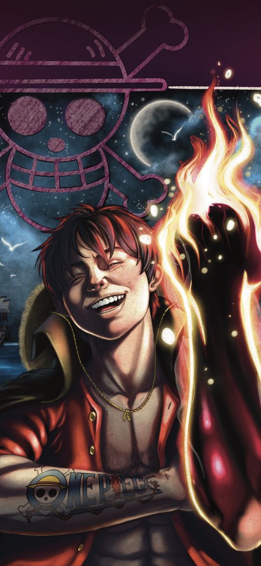 luffy, one piice, anime, guy, funny, laughter, fire hand, jolly roger, ship, pirate, sea, art