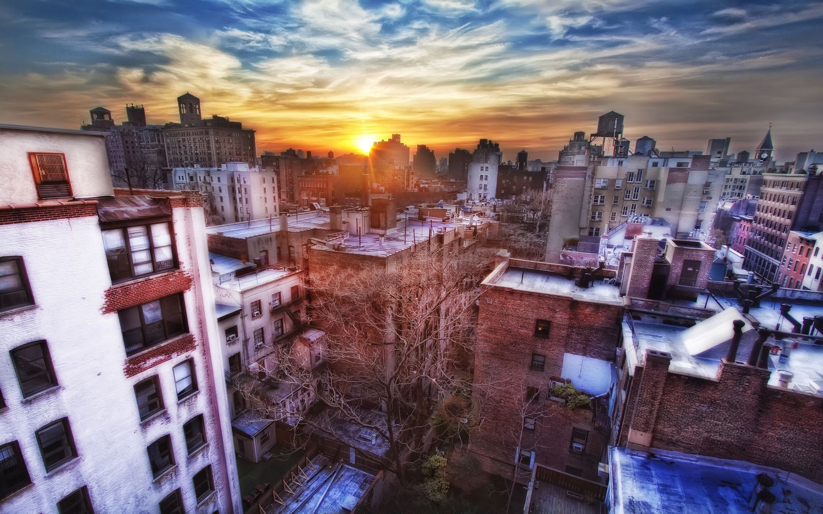 new york, sunset, buildings, top view, hdr