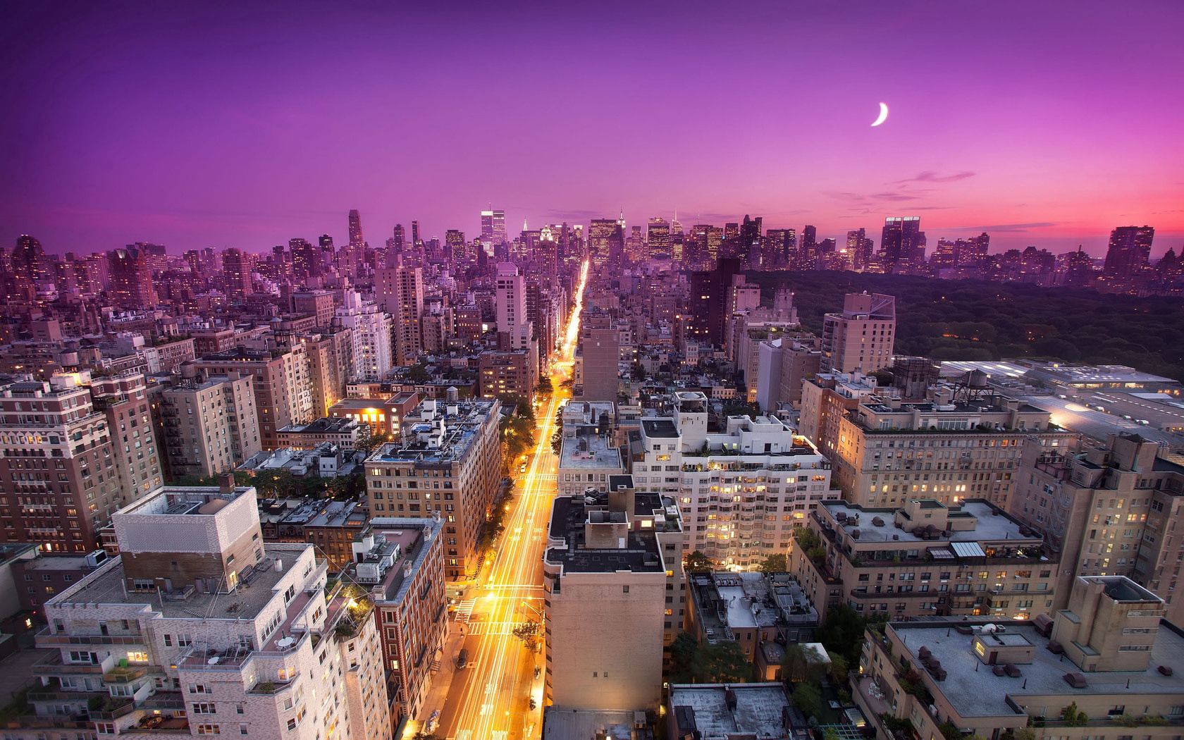 new york, sunset, buildings, city lights, top view