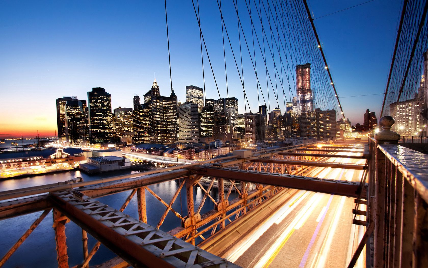 new york, sunset, bridge, skyscrapers, piers, lights