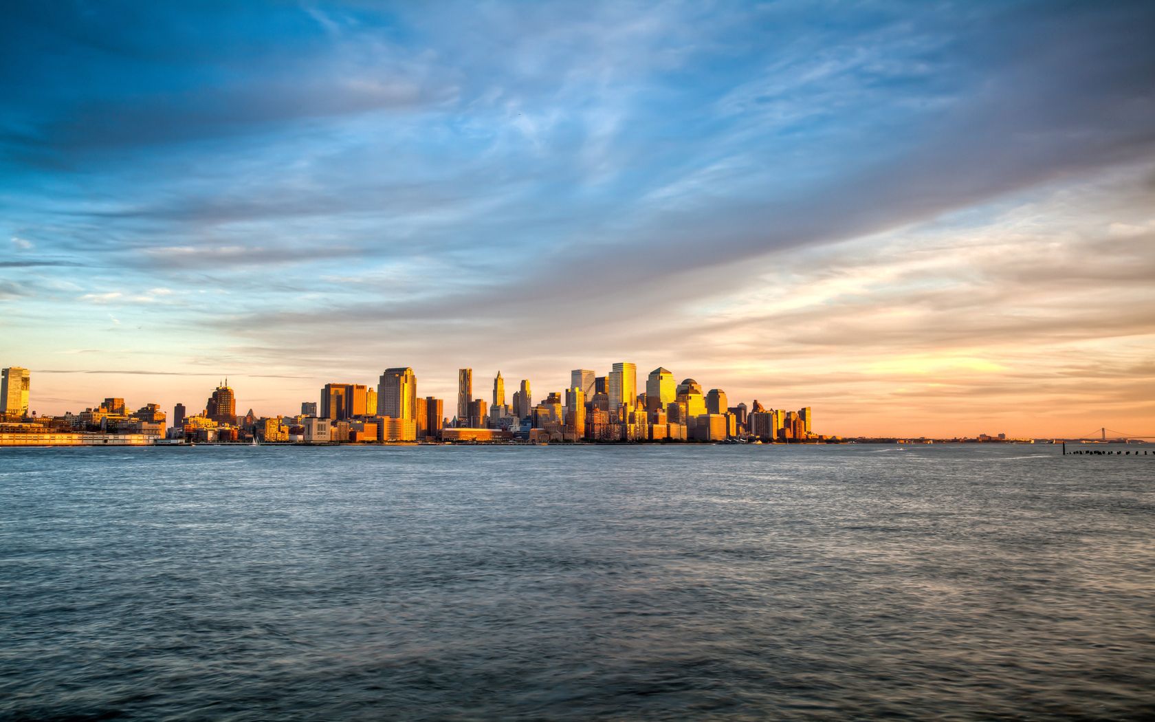 new york, manhattan, island, sea, waves, water, landscape, view, review, sky, evening, sunset, clouds